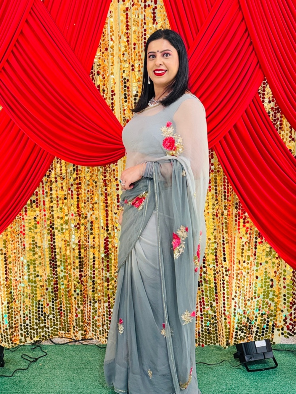 Elegant Grey Saree with Pink Floral Embroidery